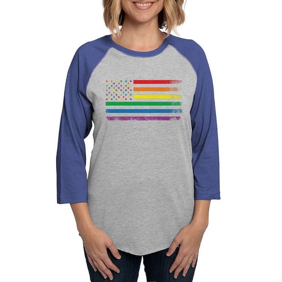 CafePress - Rainbow American Flag Women's Baseball T Shirt - Womens Baseball Tee