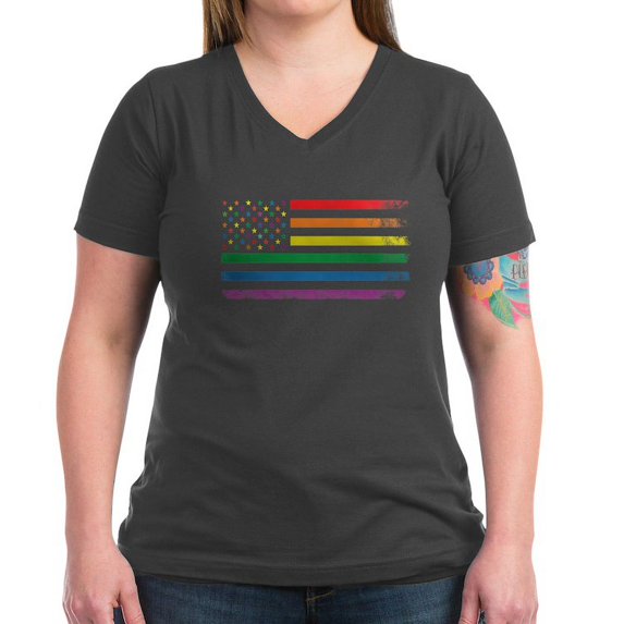 CafePress - Rainbow American Flag Women's V Neck Dark T Shirt - Women's V-Neck Dark T-Shirt