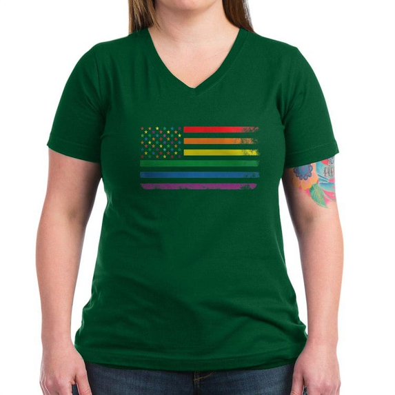 CafePress - Rainbow American Flag Women's V Neck Dark T Shirt - Women's V-Neck Dark T-Shirt