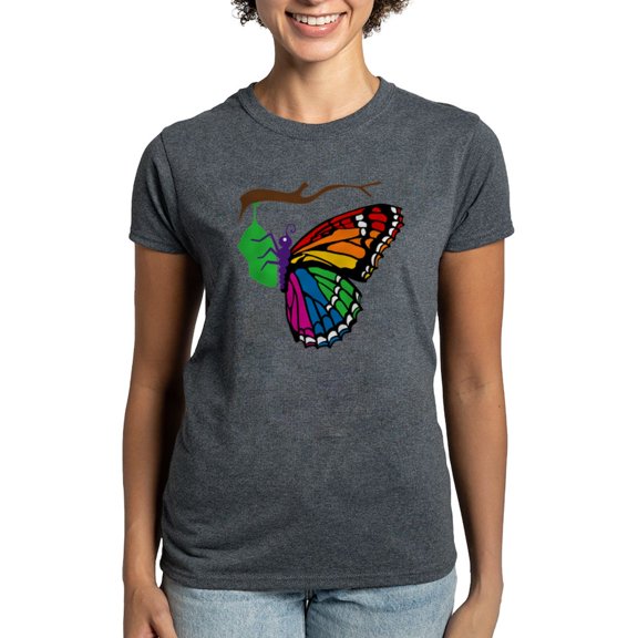 CafePress - Rainbow Butterfly Emerging From Chrysalis Women's - Women's Traditional Fit Dark T-Shirt
