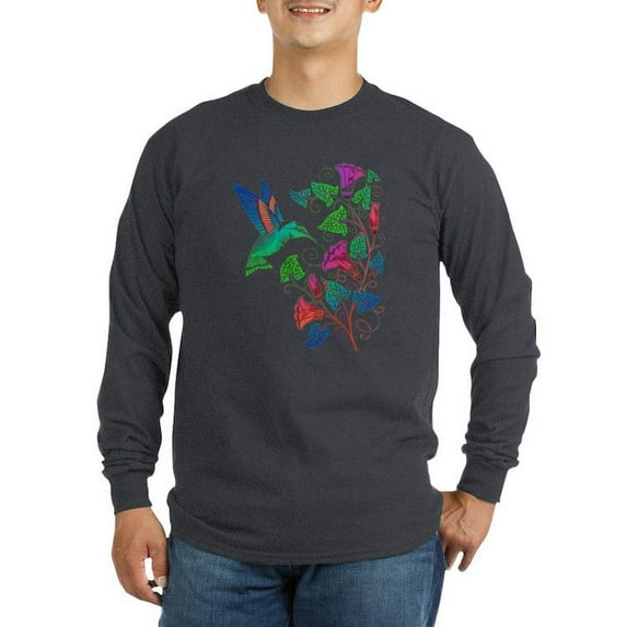 CafePress - Rainbow Hummingbird On Trumpet Vine Long Sleeve Da - Long Sleeve Dark T-Shirt