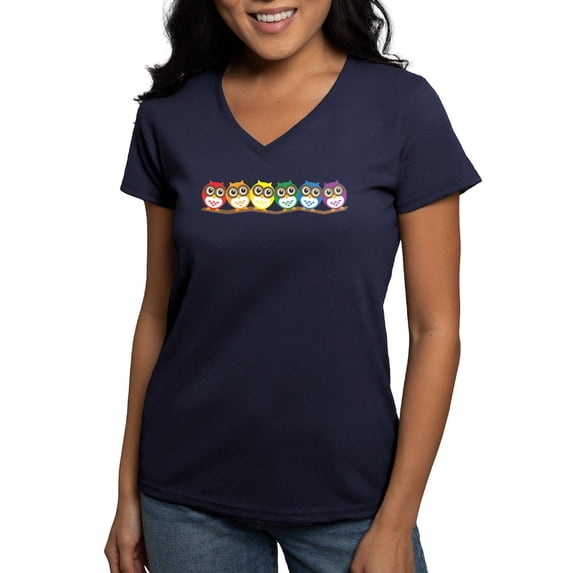 CafePress - Rainbow Owls T Shirt T Shirt - Women's V-Neck Dark T-Shirt