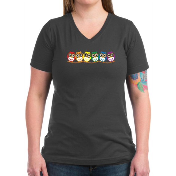 CafePress - Rainbow Owls T Shirt T Shirt - Women's V-Neck Dark T-Shirt