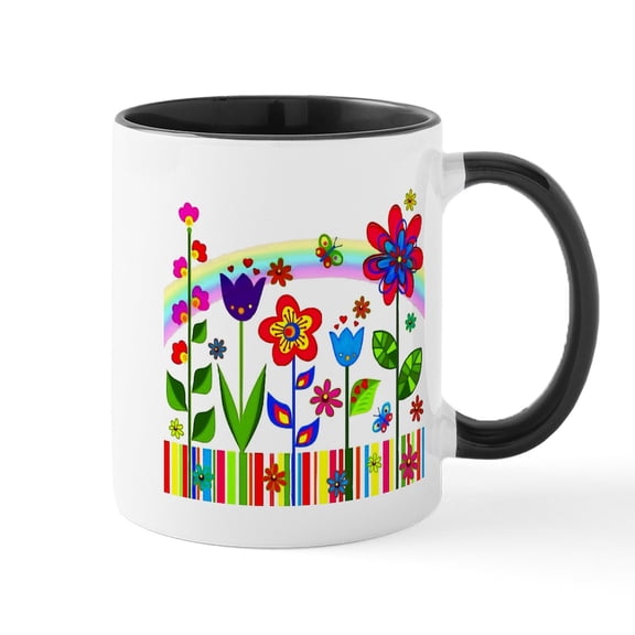 CafePress - Rainbow Spring Flowers Mugs - 11 oz Ceramic Mug - Novelty Coffee Tea Cup