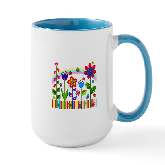 CafePress - Rainbow Spring Flowers Mugs - 15 oz Ceramic Large White Novelty Mug
