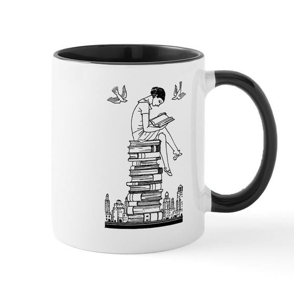 CafePress - Reading Girl Atop Books Mug - 11 oz Ceramic Mug - Novelty Coffee Tea Cup