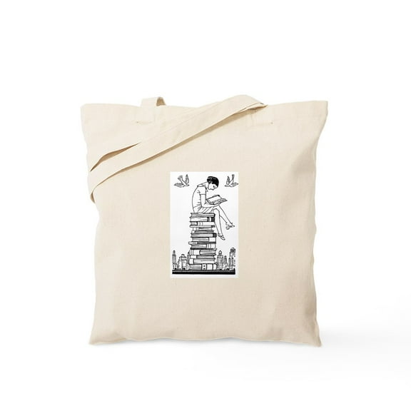 CafePress - Reading Girl Atop Books Tote Bag - Unisex Canvas Tote Bag, Beige, 1-Piece