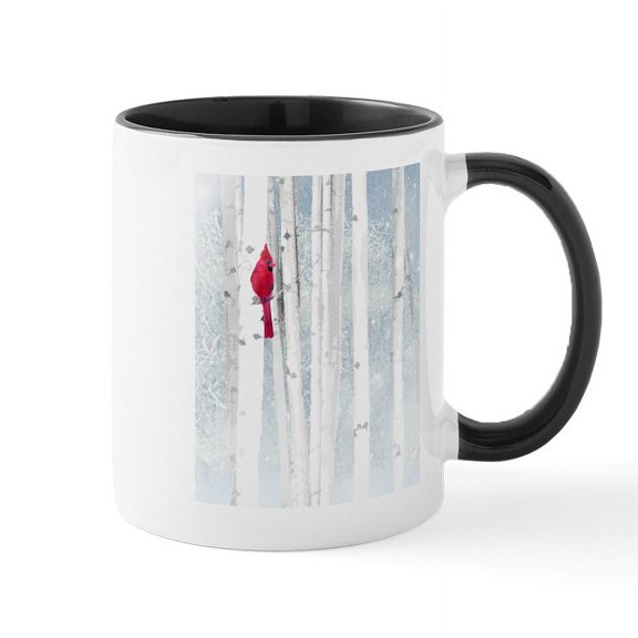 CafePress - Red Cardinal Bird Snow Birch Trees Mugs - 11 oz Ceramic Mug - Novelty Coffee Tea Cup