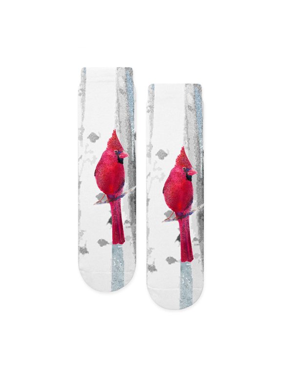 - Red Cardinal Bird Snow Birch Trees - Unisex Novelty Printed Crew Adult Socks