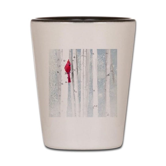 CafePress - Red Cardinal Bird Snow Birch Trees - White/Black Shot Glass, Unique and Funny Shot Glass