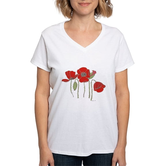 CafePress - Red Poppies Art Women's V Neck T Shirt - Womens Cotton V-Neck T-shirt