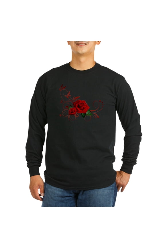 - Red Roses Long Sleeve Dark T Shirt - Long Sleeve Dark T-Shirt