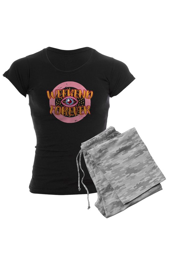 - Retro 80S Weekend Forever Pajamas - Women's Short Sleeve Print T-Shirt and Pants Dark Cotton Pajama Set