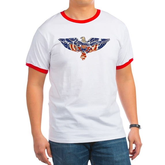 CafePress - Retro Eagle And USA Flag Ringer T - 100% Cotton Ringed T-Shirt