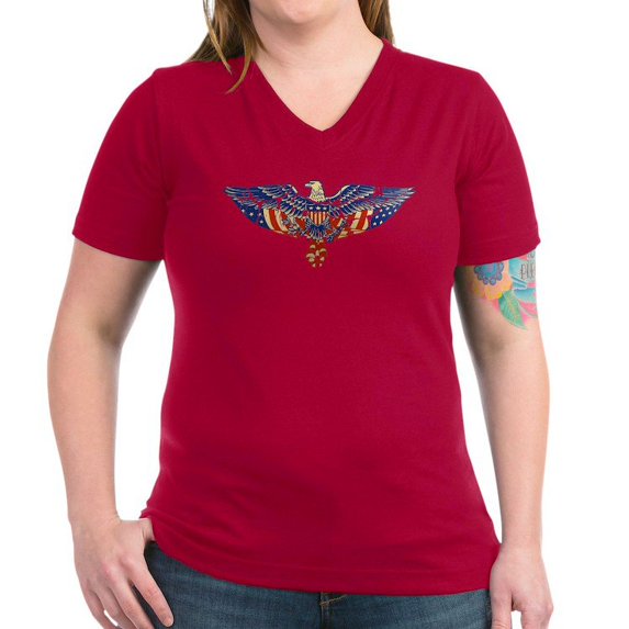 CafePress - Retro Eagle And USA Flag Women's V Neck Dark T Shi - Women's V-Neck Dark T-Shirt
