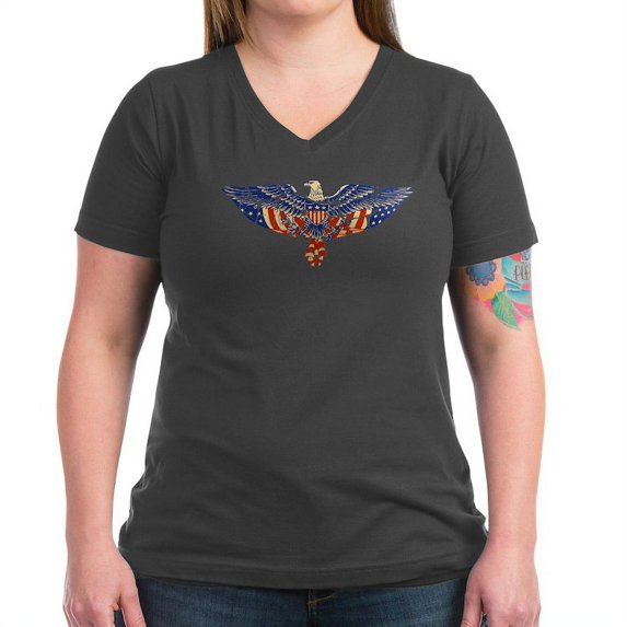 CafePress - Retro Eagle And USA Flag Women's V Neck Dark T Shi - Women's V-Neck Dark T-Shirt