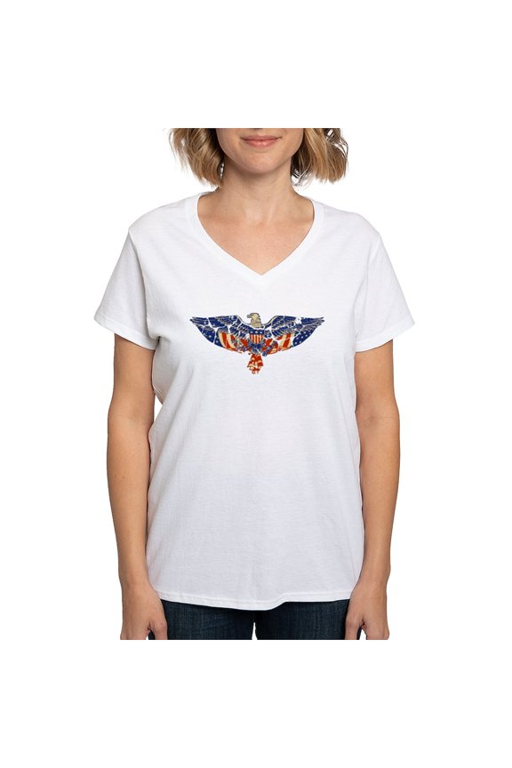 - Retro Eagle And USA Flag Women's V Neck T Shirt - Womens Cotton V-Neck T-shirt
