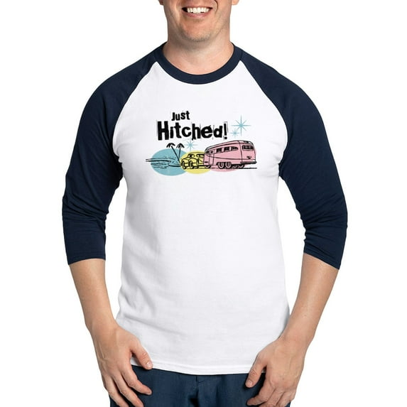 CafePress - Retro Trailer Just Hitched Baseball Jersey - Cotton Baseball Jersey, 3/4 Raglan Sleeve Shirt