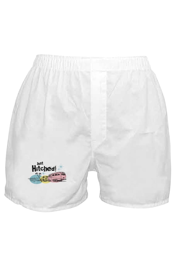- Retro Trailer Just Hitched Boxer Shorts - Men's Novelty Boxer Shorts