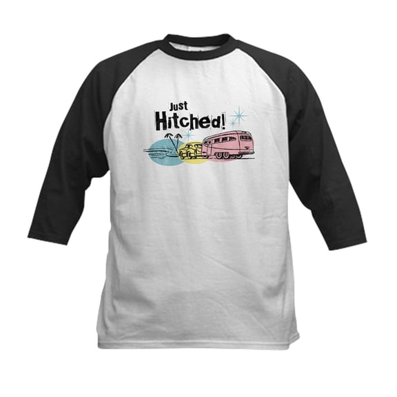 CafePress - Retro Trailer Just Hitched Kids Baseball Jersey - Kids Cotton Baseball Jersey, 3/4 Sleeve Shirt