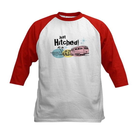 CafePress - Retro Trailer Just Hitched Kids Baseball Jersey - Kids Cotton Baseball Jersey, 3/4 Sleeve Shirt