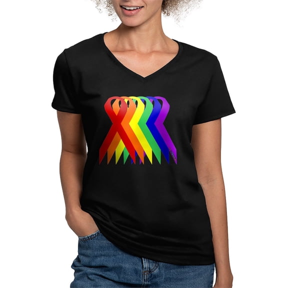 CafePress - Ribbons For All Women's V Neck Dark T Shirt - Women's V-Neck Dark T-Shirt