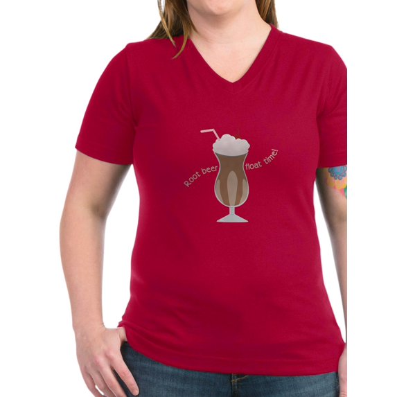 CafePress - Root Beer Float Time T Shirt - Women's V-Neck Dark T-Shirt