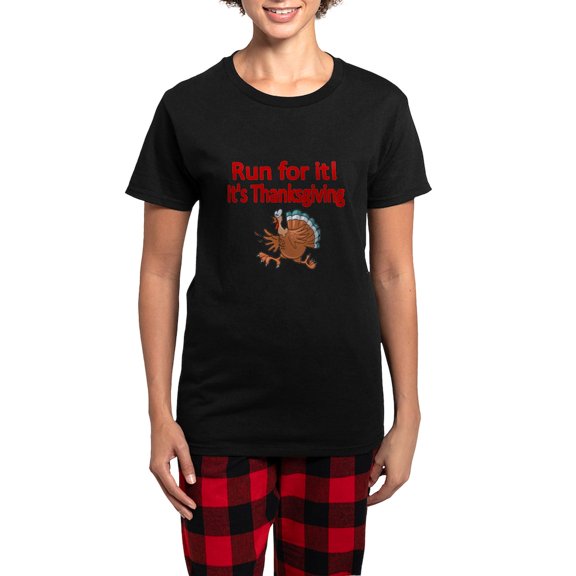CafePress - Run For It! Its Thanksgiving Pajamas - Women's Short Sleeve Print T-Shirt and Pants Dark Cotton Pajama Set