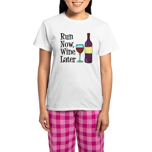 CafePress - Run Now Wine Later Pajamas - Women's Short Sleeve Print T-Shirt and Pants Light Cotton Pajama Set
