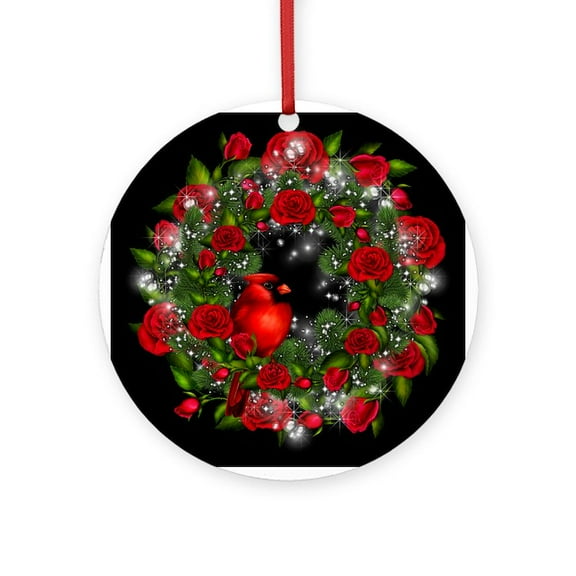 CafePress - SPARKLING CARDINAL WREATH -  Round Wood Ornament 4"