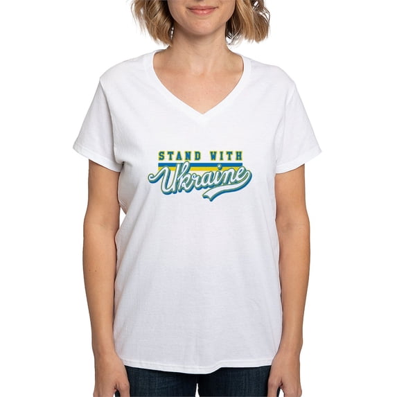 CafePress - STAND WITH UKRAINE T Shirt - Womens Cotton V-Neck T-shirt