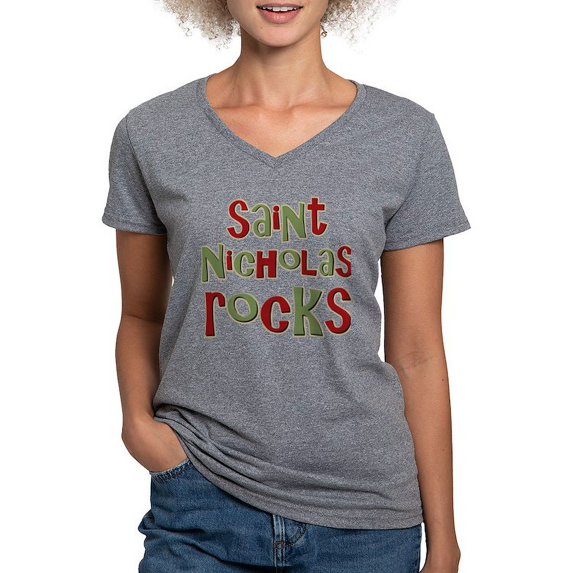 CafePress - Saint Nicholas Rocks Women's V Neck Dark T Shirt - Women's V-Neck Dark T-Shirt