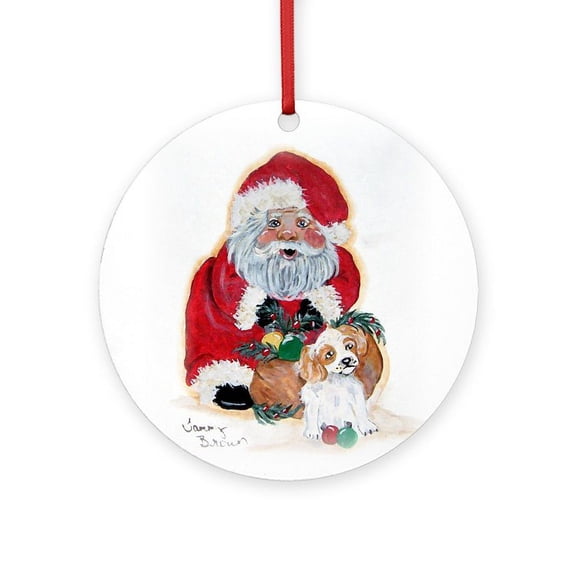 CafePress - Santa And Cavalier King Charles Spaniel -  Round Wood Ornament 4"