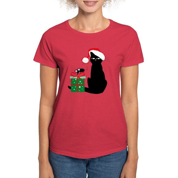 CafePress - Santa Cat &Amp; Mouse Women'S Dark T Shirt - Women's Traditional Fit Dark T-Shirt