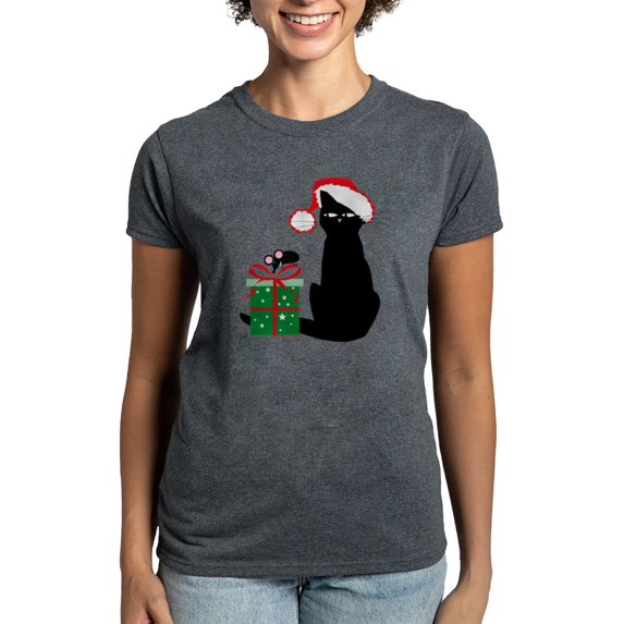 CafePress - Santa Cat &Amp; Mouse Women'S Dark T Shirt - Women's Traditional Fit Dark T-Shirt
