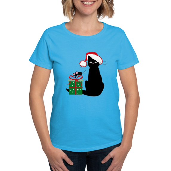 CafePress - Santa Cat &Amp; Mouse Women'S Dark T Shirt - Women's Traditional Fit Dark T-Shirt