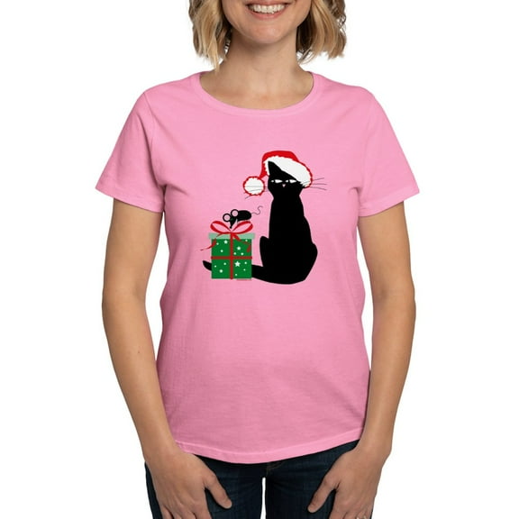 CafePress - Santa Cat &Amp; Mouse Women'S Dark T Shirt - Women's Traditional Fit Dark T-Shirt