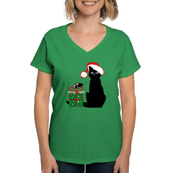CafePress - Santa Cat &Amp; Mouse Women'S V Neck Dark T Sh - Women's V-Neck Dark T-Shirt