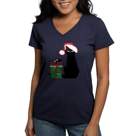CafePress - Santa Cat &Amp; Mouse Women'S V Neck Dark T Sh - Women's V-Neck Dark T-Shirt