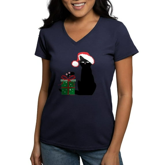 CafePress - Santa Cat &Amp; Mouse Women'S V Neck Dark T Sh - Women's V-Neck Dark T-Shirt