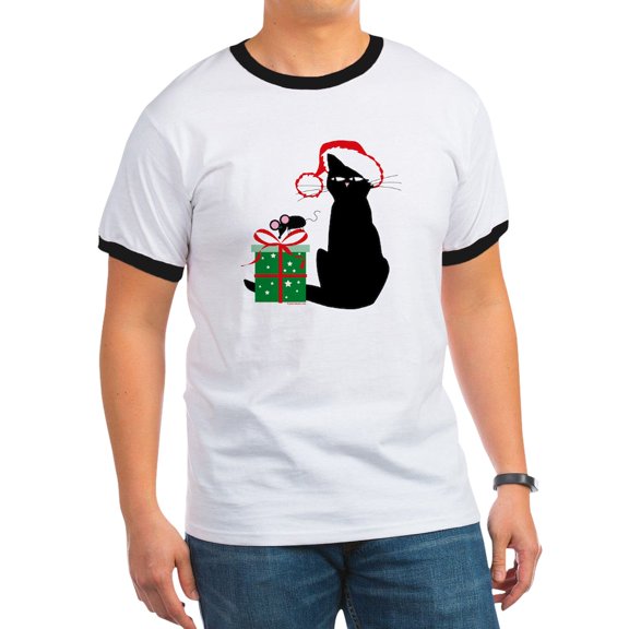 CafePress - Santa Cat & Mouse Ringer T - 100% Cotton Ringed T-Shirt