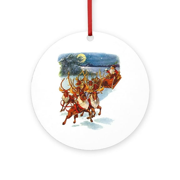 CafePress - Santa & His Flying Reindeer -  Round Wood Ornament 4"