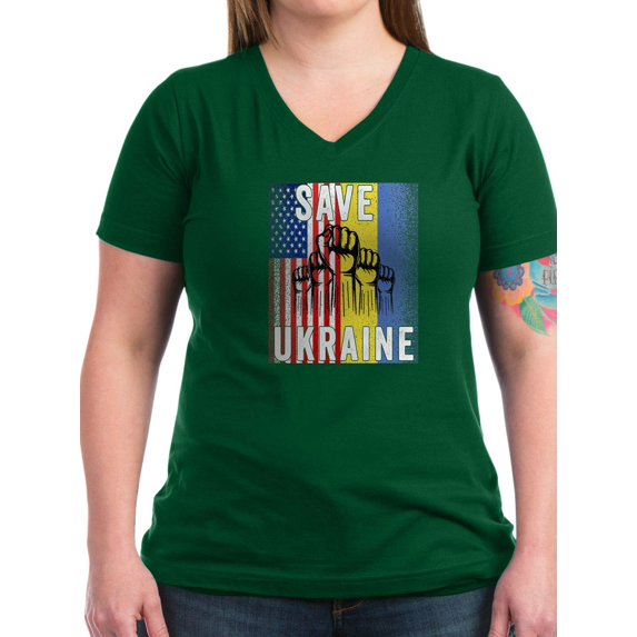 CafePress - Save Ukraine! America Supports Ukraine T Shirt - Women's V-Neck Dark T-Shirt