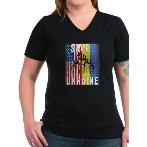 CafePress - Save Ukraine! America Supports Ukraine T Shirt - Women's V-Neck Dark T-Shirt