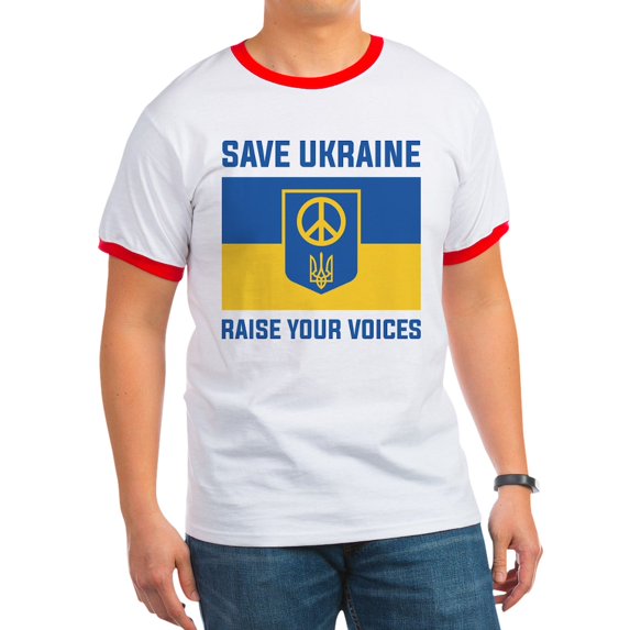 CafePress - Save Ukraine Raise Your Voices Ringer T - 100% Cotton Ringed T-Shirt