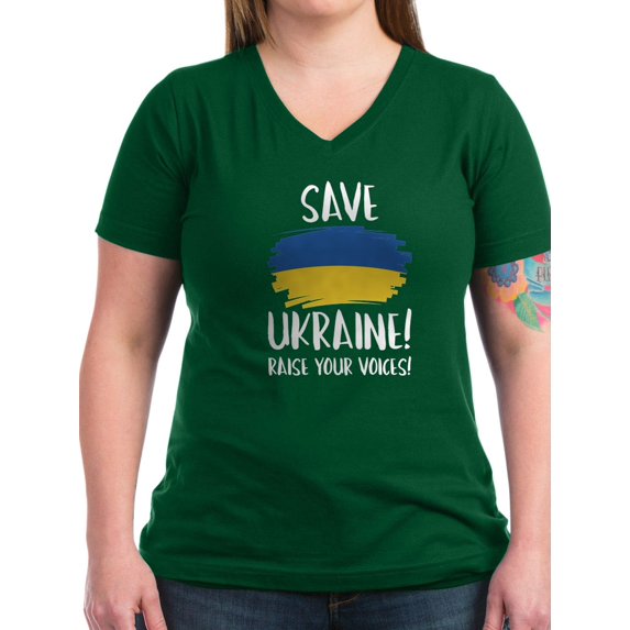CafePress - Save Ukraine Raise Your Voices Women's V Neck Dark - Women's V-Neck Dark T-Shirt