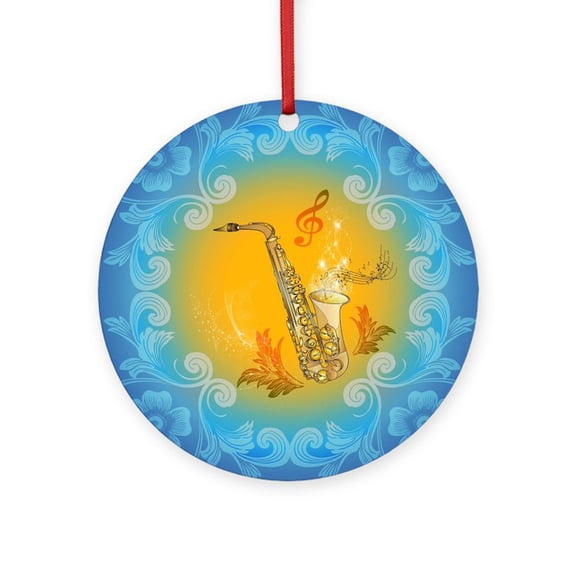 CafePress - Saxophone With Clef In Soft Yellow, Blue Color Orn - Round Wood Ornament 4"