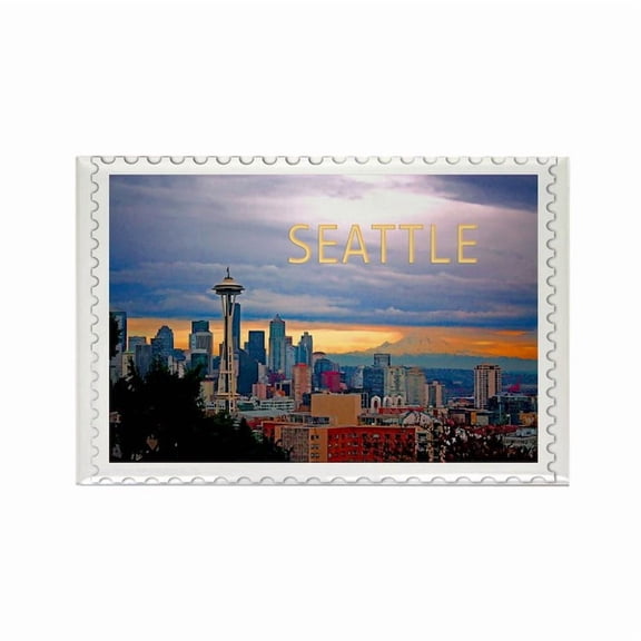 CafePress - Seattle Skyline At Sunset Stamp - Rectangle Magnet, 2"x3" Refrigerator Magnet
