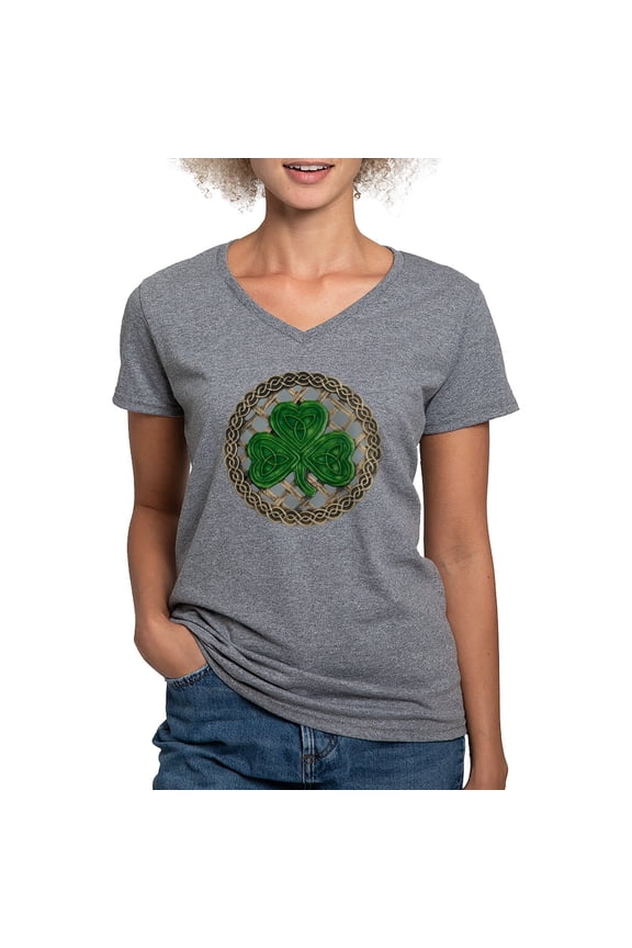 - Shamrock And Celtic Kn Women's V Neck Dark T Shirt - Women's V-Neck Dark T-Shirt