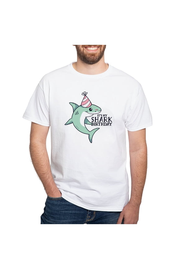 - Shark Birthday T Shirt - Men's White Classic Cotton T-Shirts